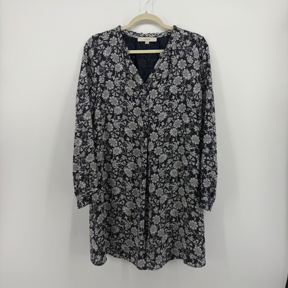 LOFT Womens XS Navy Blue Floral Shift Dress Ruffle V-Neck Long Sleeve 525015
